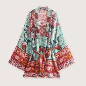 kimono court floral vert grisé