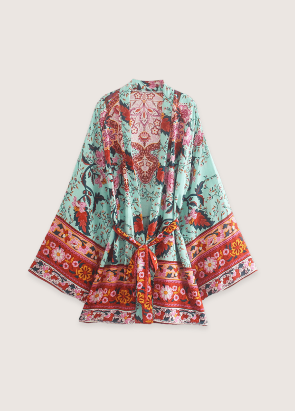 kimono court floral vert grisé