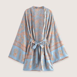 kimono court fleuri bleu-gris