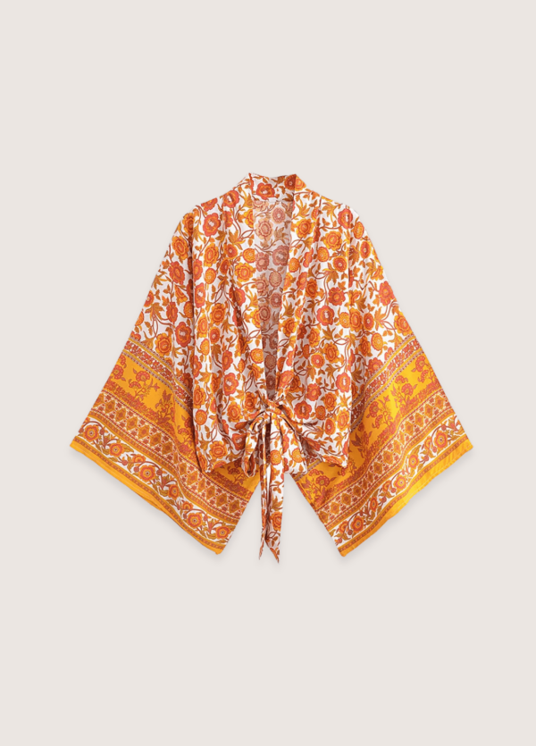 Kimono court jaune fleuri