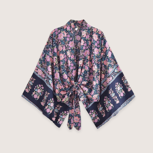 kimono court plage fleuri rose et bleu nuit