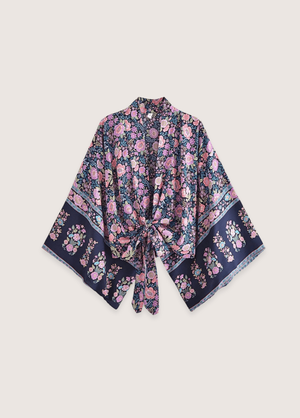 kimono court plage fleuri rose et bleu nuit