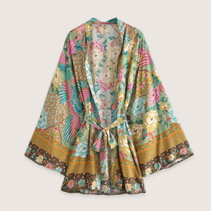 kimono court plage paon fleuri