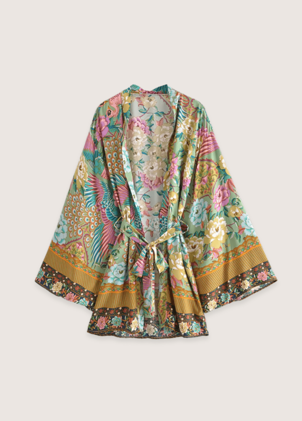 kimono court plage paon fleuri