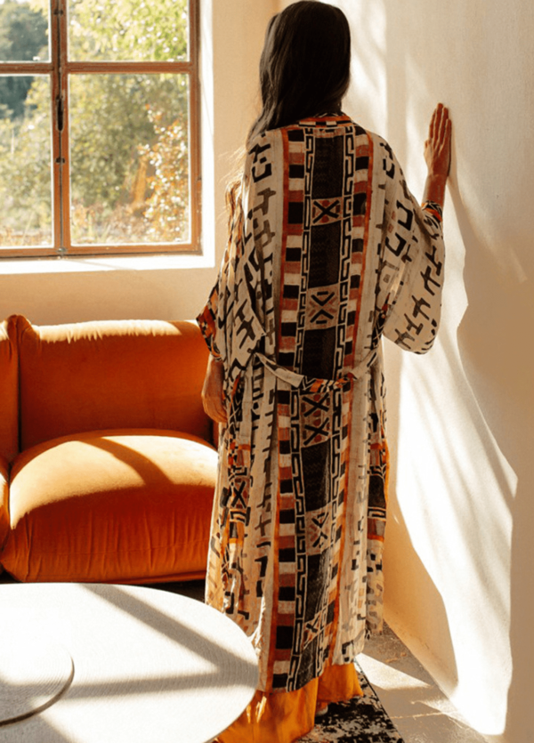 kimono long beige gris