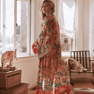 Kimono long cuivre motif fleuri