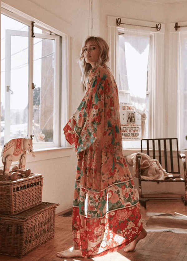 Kimono long cuivre motif fleuri