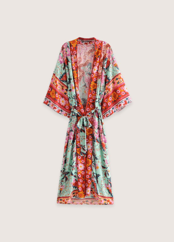 Kimono long fleuri vert grisé