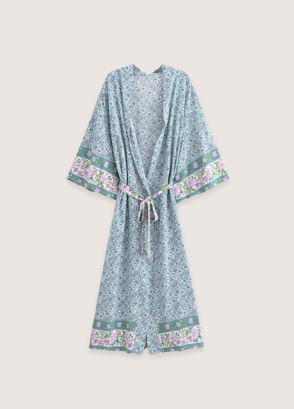 kimono long floral turquoise