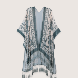 Veste kimono crème et bleu gris
