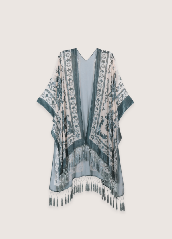 Veste kimono crème et bleu gris