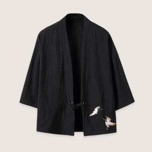 Veste kimono noire en lin brodée de grues