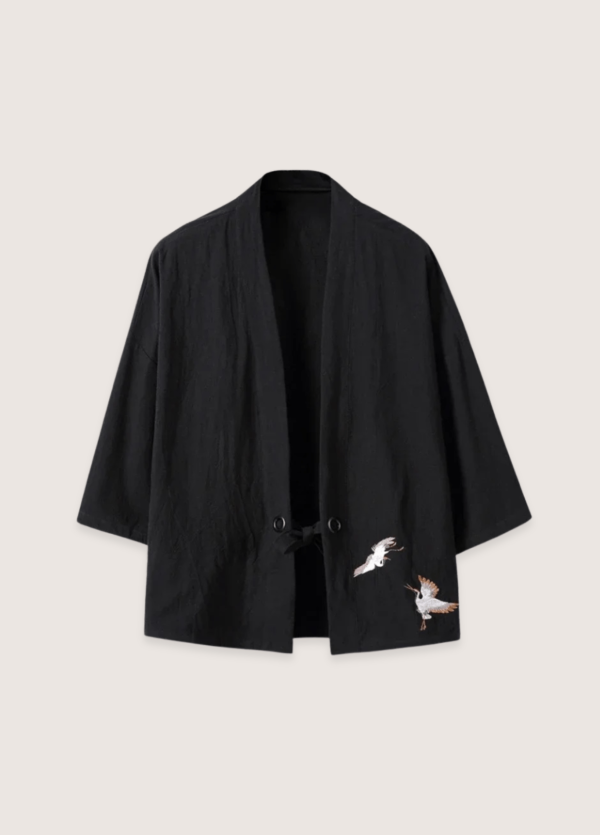 Veste kimono noire en lin brodée de grues