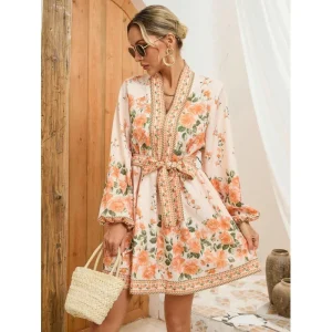 Robe Kimono Florale à Manches Longues