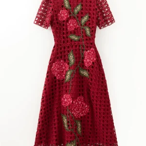 Robe Kimono Midi Brodée Femme Rouge – Printemps Été 2026